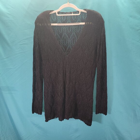 Magaschoni Black Lattice Knit V-Neck Long-Sleeve Sweater Top Womens Size M - Picture 1 of 11